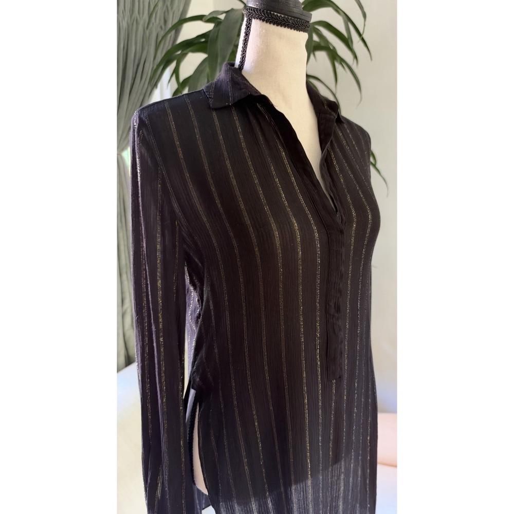 AllSaints XS Keri Sheer Black Long Blouse Metallic Gold Pinstripes Side Slits